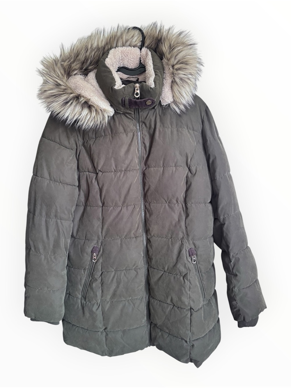 HALITECH Women's Green Parka with Faux Fur Hood with Corduroy Accents | Size L